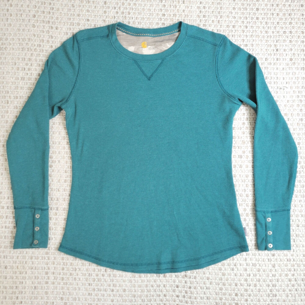 Carhartt Womens Medium Teal Blue Top Waffle knit Long Sleeve Layer Thermal Shirt
